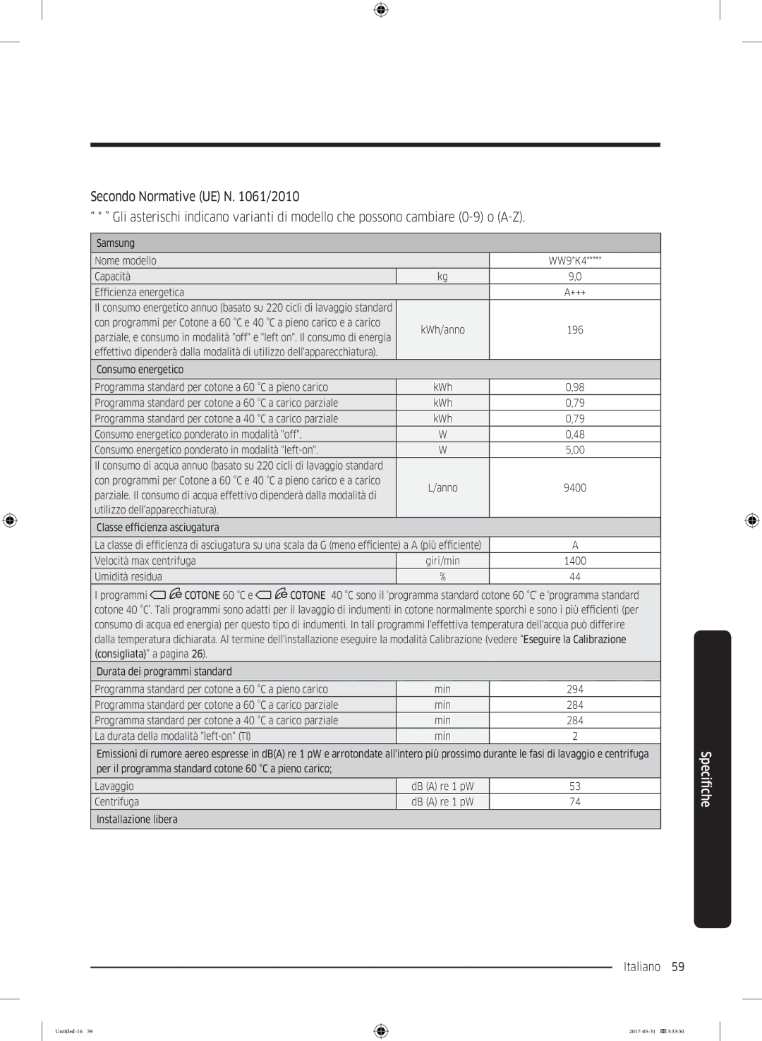 Samsung WW90K4430YW/ET, WW80K4430YW/ET manual Italiano 59  